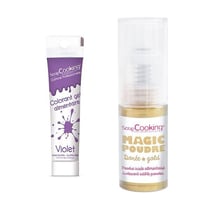 Colorant alimentaire en gel violet + Poudre alimentaire irisée dorée