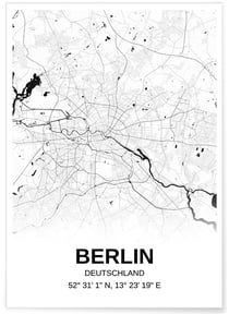 Affiche carte Berlin - rectangle Noir et Blanc | A3 : 29,7x42cm