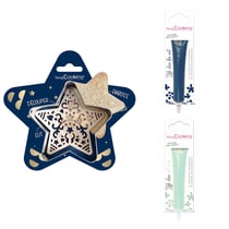 Kit pour biscuit en relief Étoile + 2 Stylos au chocolat bleu nuit et vert d'eau