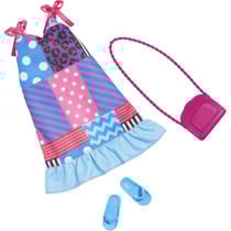Mattel - hbv36 - habit barbie - accessoire poupée - robe bleue et rose + sac a main + claquette - vêtement poupée