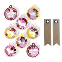 8 stickers 3D Boules Licorne 4,5 cm + 20 étiquettes kraft Fanion