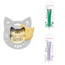 Kit pour biscuit en relief Chat + 2 Stylos au chocolat vert et lilas