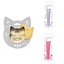 Kit pour biscuit en relief Chat + 2 Stylos au chocolat lilas et fuchsia