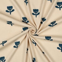 Tissu Jersey Coton côtelé Bio Tulipes Bleu sur fond Ecru