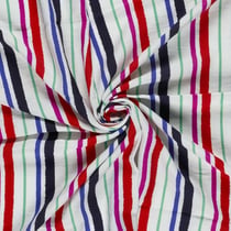 Tissu Crêpe de Viscose Lucien rayures Noir, Bleu et Rouge sur fond Blanc