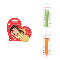 Kit pour biscuit en relief Coeur + 2 Stylos au chocolat vert clair et orange