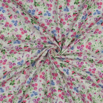 Tissu Double gaze de Coton digital petites fleurs Rose, Lilas & Bleu sur fond Ecru