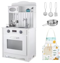 Mamabrum Cuisine Enfant en Bois 93 x 48 x 30 Cm Eclairage LED + Tablier et Accessoires - Four Ouvrable Micro-ondes - CE EN -BLANCHE