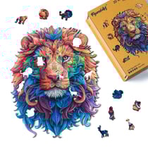 Puzzle en Bois Adulte et Enfant Figured'Art 200 pièces Animaux - Lion vibrant - Design Original 23,2x30,5 cm Forme Unique avec Coffret en bois Premium, Parfait pour Offrir en Cadeau