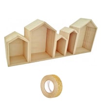 Etagère bois 5 blocs maison 50 x 8 x 20 cm + masking tape doré à paillettes 5 m