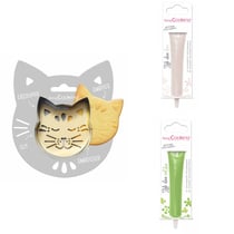 Kit pour biscuit en relief Chat + 2 Stylos au chocolat blanc et vert