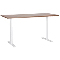 Bureau Électrique Réglable Plateau Bois Foncé et Structure Acier Blanc 180 x 80 cm Hauteur Ajustable Assis-Debout Pieds Ronds Design Moderne