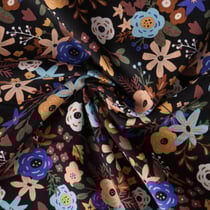 Tissu Velours Côtelé Liora fleurs Ocre sur fond Noir - Au mètre