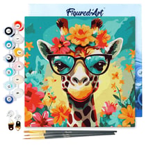 Mini Peinture par Numéros Figured'Art 20x20cm avec cadre Girafe fantaisie et fleurs - Petit Format