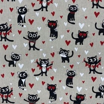 Tissu Toile de Coton Chat Love sur fond Naturel