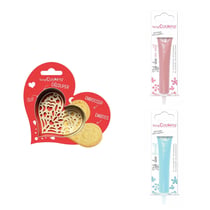 Kit pour biscuit en relief Coeur + 2 Stylos au chocolat rose pastel et bleu pastel