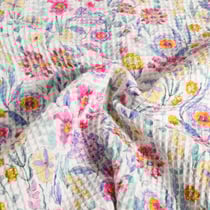 Tissu Nid d'abeille imprimé fleuris sur fond Blanc