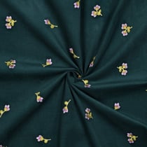 Tissu Velours milleraies Petites fleurs brodées sur fond Vert canard
