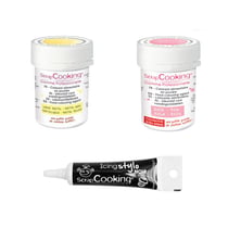 2 colorants alimentaires rose poudré-jaune pastel + Stylo glaçage noir