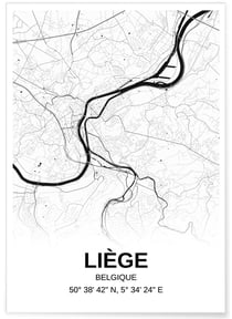 Affiche carte Liège - rectangle Noir et Blanc | A3 : 29,7x42cm