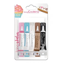 5 stylos de glaçage blanc, rose, bleu, chocolat, noir
