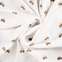 Tissu Double gaze de Coton Tracteurs sur fond Blanc cassé