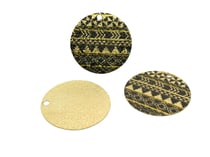 2 Breloques rondes pailletées 20mm imprimé aztèque, ethnique doré et noir
