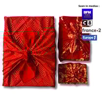 Papier Cadeau Réutilisable Emballage Furoshiki Coton Recyclé 3 pieces en 1 Carédeau Pack Famille 'Amour' en Rouge 100% COTON