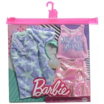 Coffret de 2 tenues mode : jupe rose et t-shirt + robe violette pour poupee barbie - vetement - habit - mattel - grc88
