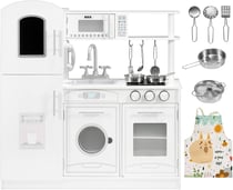 Mamabrum Cuisine Enfant en Bois 81x29x84 CM - Accessoires et Tablier Chef - Réfrigérateur Four Téléphone Lave Linge Plaque de Cuisson (CE EN)- Blanche