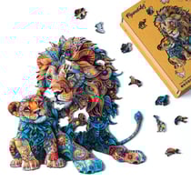 Puzzle en Bois Adulte et Enfant Figured'Art 200 pièces Animaux - Lion et Lionceau - Design Original 26,9x28,8 cm Forme Unique avec Coffret en bois Premium, Parfait pour Offrir en Cadeau