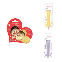Kit pour biscuit en relief Coeur + 2 Stylos au chocolat jaune pastel et lilas