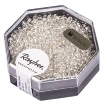 Premium - rocailles, 2,2 mm ø, cristal de roche, boîte 12 g, avec garniture d'argent