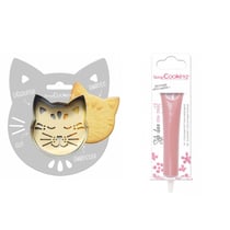 Kit pour biscuit en relief Chat + Stylo au chocolat rose pastel