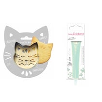 Kit pour biscuit en relief Chat + Stylo au chocolat vert d'eau