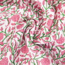 Tissu Coton Matelassé réversible Block print Indien Gange fleuris sur fond Blanc cassé