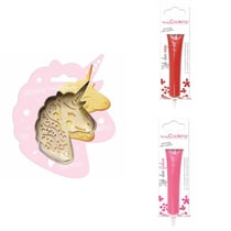 Kit pour biscuit en relief Licorne + 2 Stylos au chocolat rouge et fuchsia