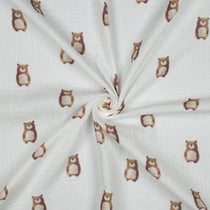 Tissu Double gaze de Coton Bio digital petits Oursons Bruns sur fond Blanc
