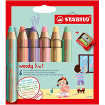 Lot de 5 crayons de couleur STABILO Woody 3en1 - Pastel - Étui carton de 6 crayons + 1 taille-crayons