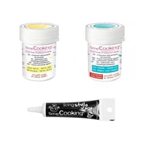 2 colorants alimentaires turquoise-jaune pastel + Stylo glaçage noir
