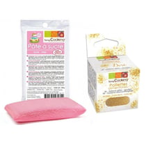 Pâte à sucre rose 100 g + paillettes dorées