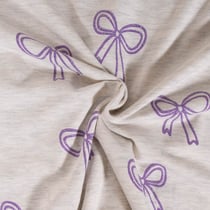 Tissu Jersey Mélangé Poppy Noeuds pailletés violets sur fond Ecru chiné