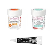 2 colorants alimentaires orange-vert d'eau + Stylo glaçage noir