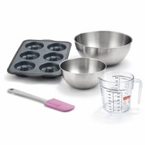 Set pâtisserie avec moule 6 donuts 36 x 26 cm en silicone, 2 bols à mixer, verre mesureur et spatule Zenker