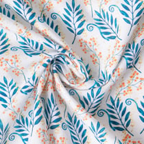Tissu Coton imprimé rameaux Bleu et fleurs Corail sur fond Blanc cassé
