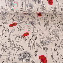 Tissu Toile de Coton aspect lin Plantes et fleurs coquelicot sur fond Beige - Au mètre