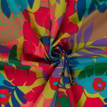 Tissu Coton stretch imprimé Feuilles rouges, verts et rouges sur fond Vert anis