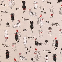 Tissu Toile Coton Aspect Lin Chats amoureux noirs, blancs et rouges sur fond Beige