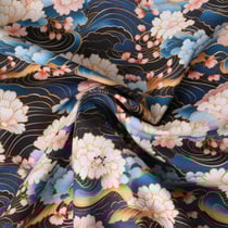 Tissu Coton imprimé Amehana fleurs Roses pâle sur fond Noir - Au mètre