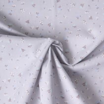Tissu Popeline de Coton légère Petites fleurs blanc cassé et bleu layette sur fond Gris perle